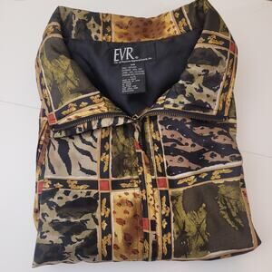 Vintage EVR 100 % Silk Patchwork Animal‑Print Bomber Jacket L Lined Zip Front